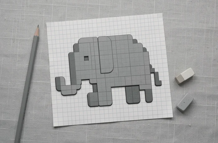 Pixel art d'un éléphant simplifié aux formes rondes en carrés gris sur papier quadrillé posé sur une surface en lin
