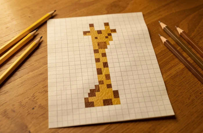 Illustration de pixel art d'une girafe en buste avec un long cou en carrés jaune doré et des taches brunes sur papier quadrillé