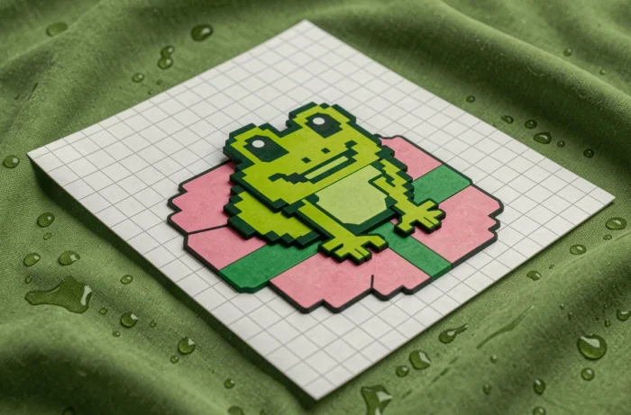 Dessin de pixel art d'une grenouille verte assise sur un nénuphar avec de grands yeux ronds en carrés sur papier quadrillé