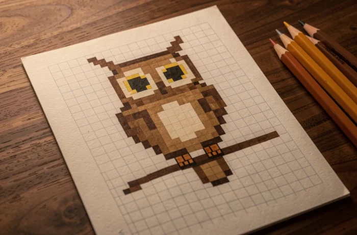 Dessin de pixel art d'un hibou perché sur une branche avec des grands yeux ronds en carrés bruns et jaunes sur papier quadrillé
