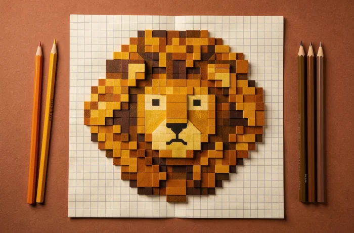 Illustration de pixel art d'un lion avec une grande crinière en carrés orange et brun sur papier quadrillé