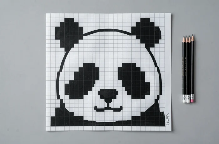 Illustration de pixel art d'un panda vu de face sur papier quadrillé avec des carrés noirs et blancs bien délimités