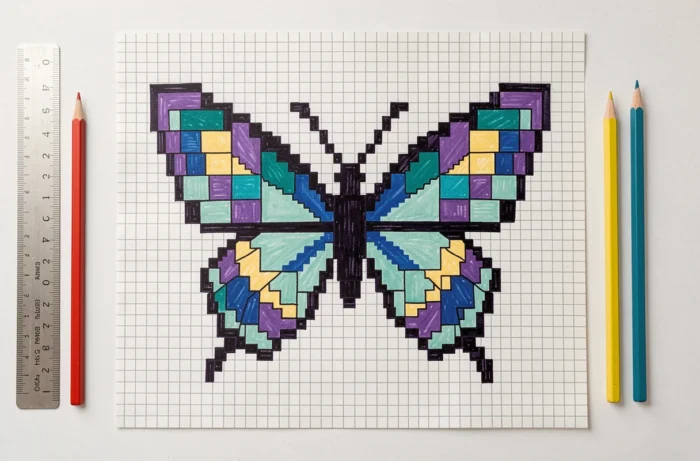 Dessin de pixel art d'un papillon aux ailes symétriques colorées en violet et bleu sur papier quadrillé
