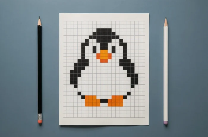 Pixel art d'un pingouin vu de face avec un corps noir et blanc et un bec orange en carrés sur papier quadrillé
