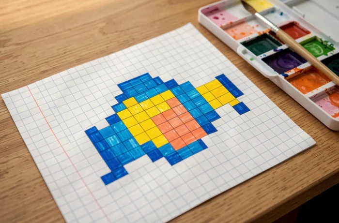 Dessin de pixel art d'un poisson tropical aux couleurs vives bleu et jaune sur papier quadrillé