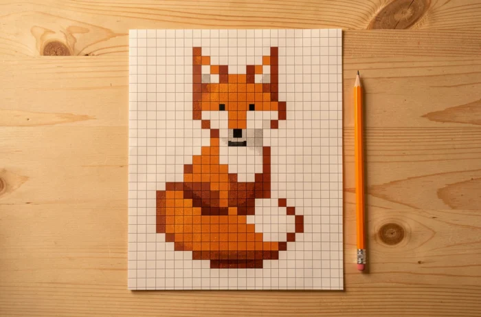 Illustration de pixel art d'un renard assis avec une queue touffue en carrés orange roux et blancs sur papier quadrillé