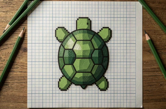 Pixel art d'une tortue vue de dessus avec un motif de carapace en carrés verts sur papier quadrillé