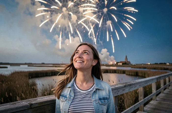Portrait d'une femme souriante admirant un feu d'artifice depuis les marais de l'île d'Oléron au crépuscule