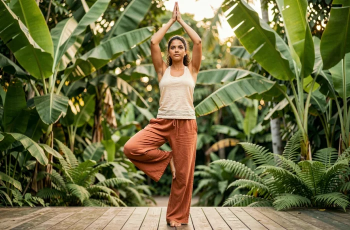 Femme pratiquant la posture de l'arbre en yoga sur une terrasse en bois entourée de végétation tropicale luxuriante