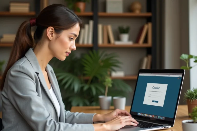 Femme utilisant un ordinateur portable pour résoudre un problème de connexion au portail Arena Aix Marseille depuis son bureau à domicile