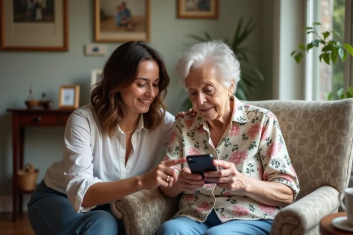 Femme âgée et proche aidant consultant ensemble une application de tutelle sur smartphone dans un salon chaleureux
