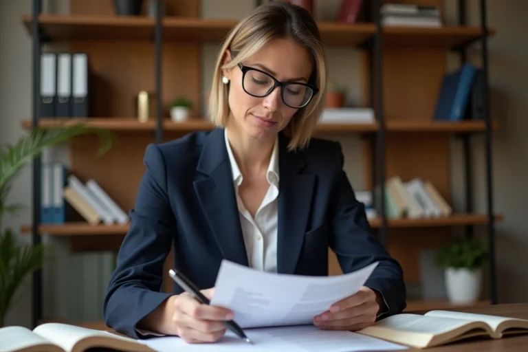 Professionnelle en bureau relisant un document avec soin pour choisir le bon terme entre coordinateur et coordonnateur