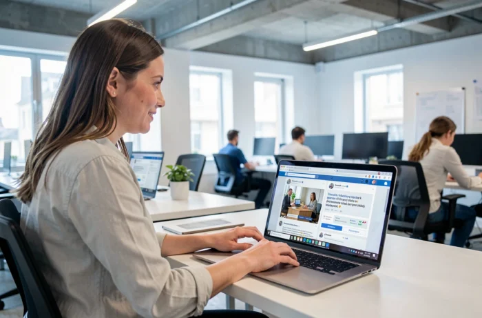 Une femme réalisant une promotion croisée entre deux groupes Facebook complémentaires depuis un espace de coworking