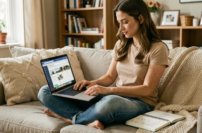 Une femme planifiant une publication hebdomadaire régulière dans son groupe Facebook depuis son canapé