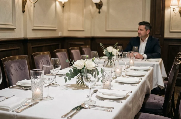 Table de réception de mariage intime dans un club privé parisien avec verrerie en cristal et roses blanches