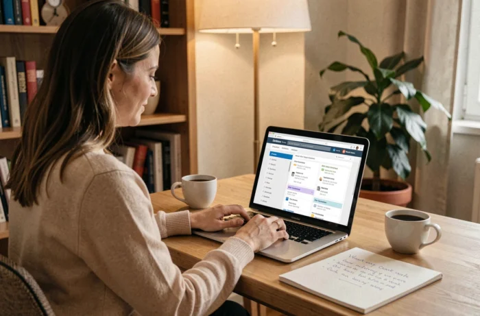 Femme recherchant un électricien qualifié via le plan de site d'un annuaire professionnel sur ordinateur portable à domicile