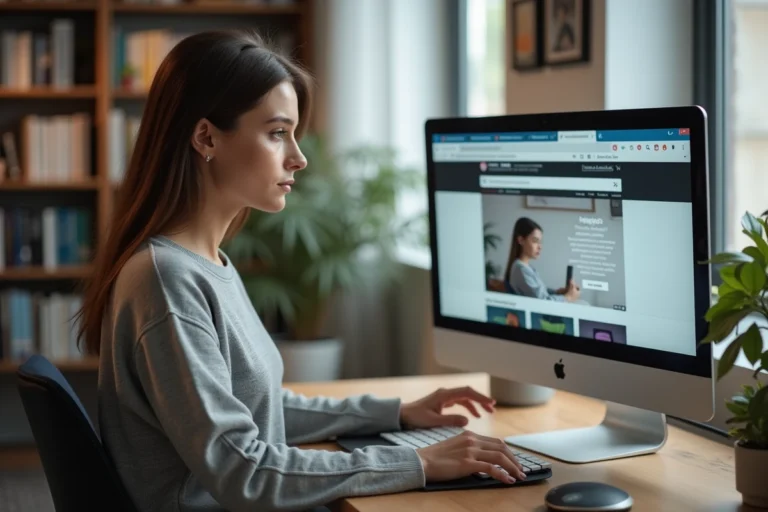 Jeune femme copiant un lien d'image sur un site d'hébergement comme Zupimage depuis son bureau à domicile