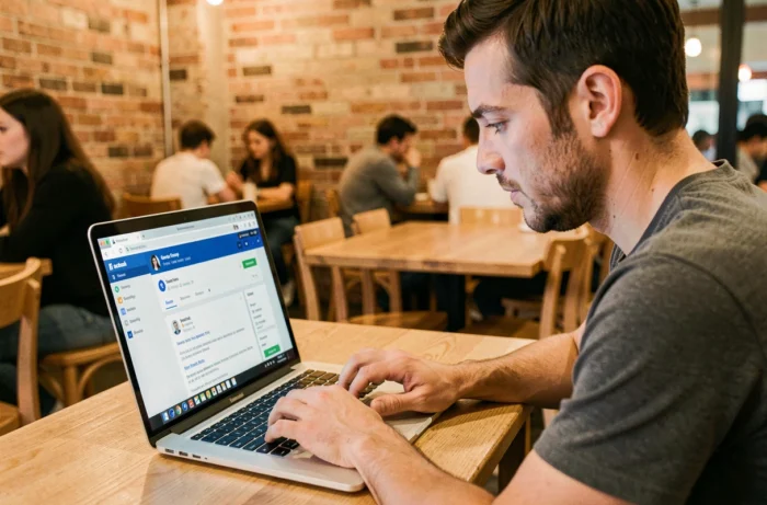 Un homme rédigeant la description d'un groupe Facebook optimisée pour la recherche depuis un café