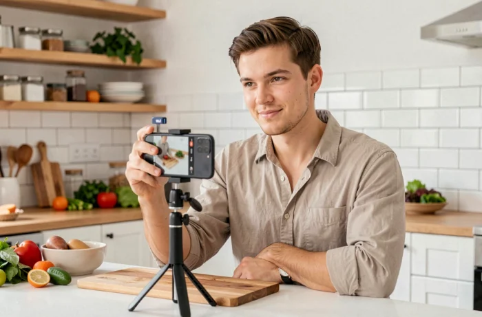 Un jeune homme filmant un Reel Facebook dans sa cuisine pour attirer une audience extérieure vers son groupe