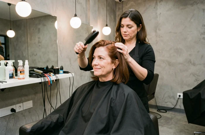 Cliente inspectant le résultat final de sa coupe couronne dans le miroir d'un salon de coiffure avec sa coiffeuse