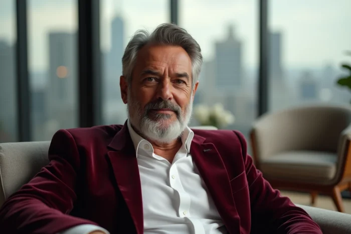 Homme charismatique en blazer bordeaux avec une barbe poivre et sel assis dans un fauteuil moderne dans un penthouse avec vue sur la ville, inspiré du style de Robert Downey Jr.