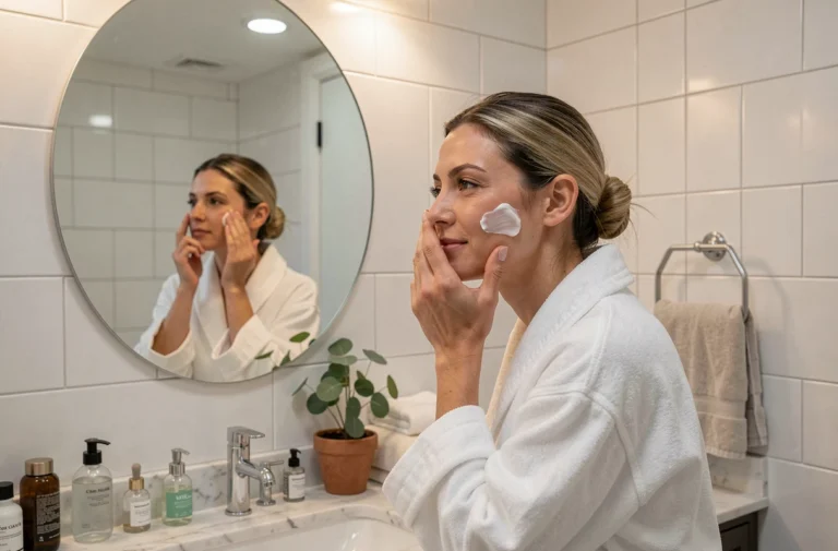 Femme appliquant sa crème hydratante devant un miroir de salle de bain moderne pour sa routine beauté quotidienne