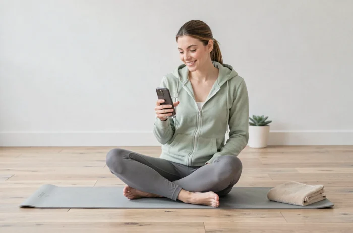 Une jeune femme suivant une routine bien-être à domicile avec un verre d'eau et son téléphone sur un tapis de yoga