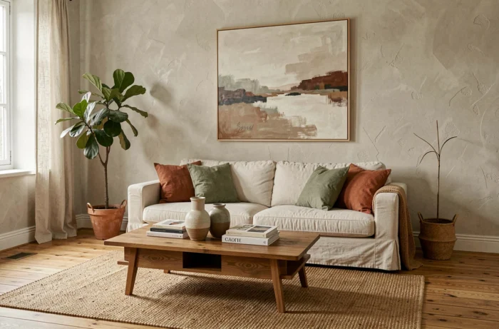 Salon scandinave cosy avec canapé en lin crème, coussins terracotta et plantes vertes pour une décoration intérieure tendance