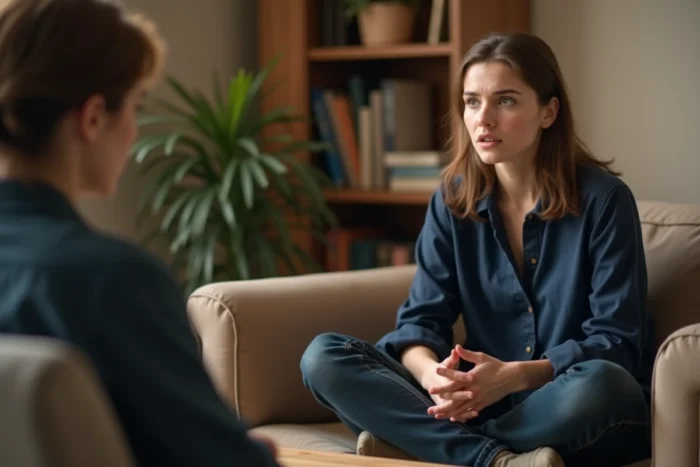 Jeune femme en séance de psychologie discutant d'un rêve troublant avec un thérapeute