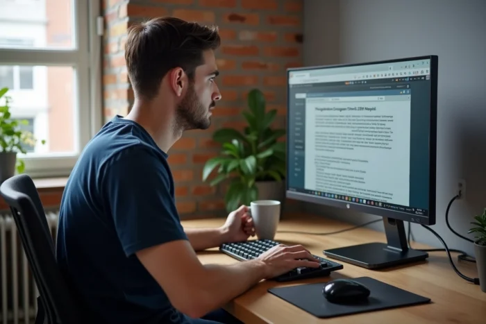 Homme utilisant un VPN sur son ordinateur de bureau pour lire des mangas en toute sécurité depuis son bureau à domicile