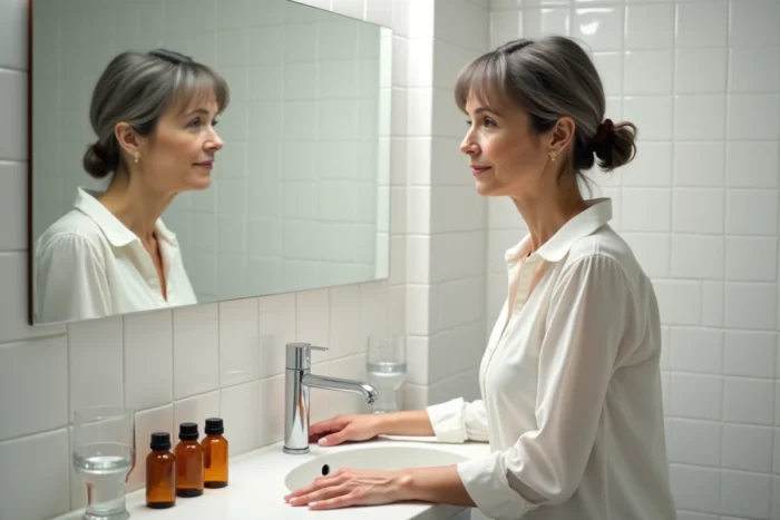 Femme observant son reflet dans un miroir de salle de bain entourée de flacons médicaux, illustrant le suivi d'un sevrage de l'alcool