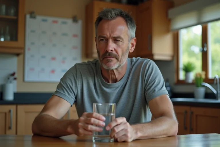 Homme tenant un verre d'eau à la cuisine avec un calendrier marqué au mur, symbolisant un sevrage progressif sur 10 jours