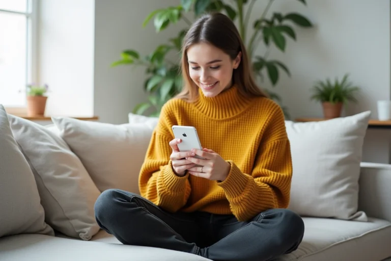 Jeune femme parcourant des offres de shopping en ligne sur son smartphone depuis son canapé