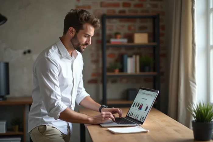 Homme comparant des produits de mode sur son ordinateur portable dans un bureau à domicile