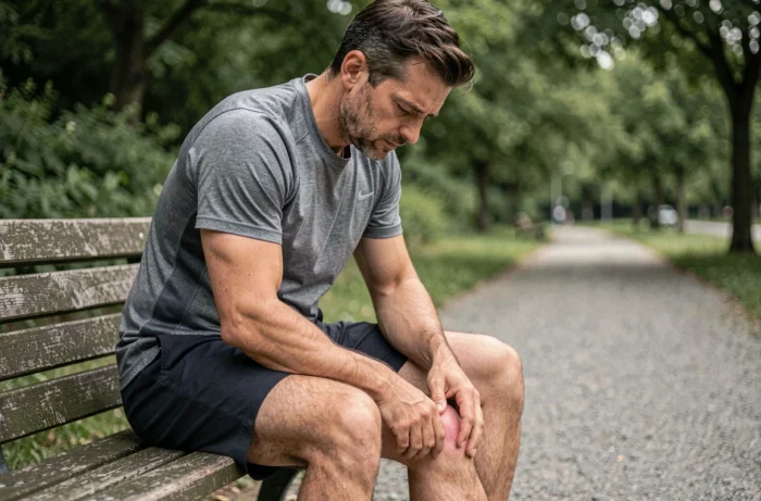 Sportif inquiet observant son genou gonflé sur un banc de parc, symptôme possible d'un kyste