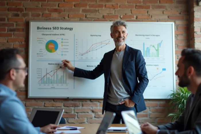 Manager présentant une stratégie SEO et de visibilité digitale sur un tableau blanc lors d'une réunion d'agence