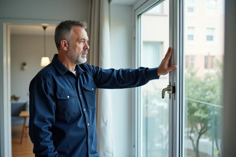 Technicien inspectant une fenêtre à double vitrage avec un outil de mesure dans un appartement moderne