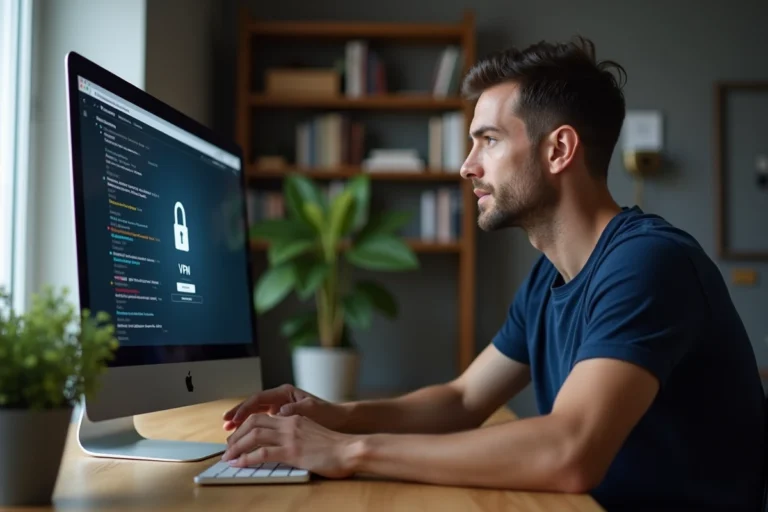 Homme utilisant un VPN sur son ordinateur pour télécharger des torrents en toute sécurité depuis son bureau à domicile
