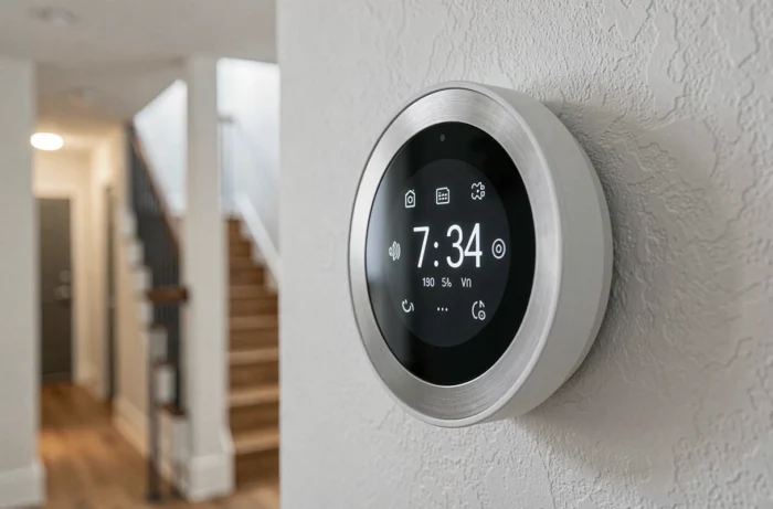 Thermostat intelligent connecté monté sur un mur blanc dans un couloir de maison moderne
