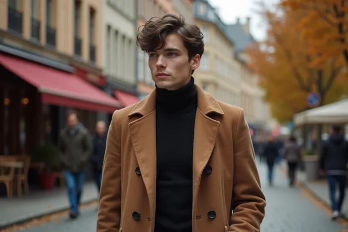 Jeune homme svelte en manteau camel et col roulé noir se promenant sur une rue pavée d'une vieille ville européenne en automne, inspiré du style de Timothée Chalamet