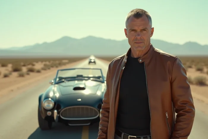 Homme athlétique en veste de cuir avec une expression intense debout près d'une voiture de sport vintage sur une route désertique, inspiré du style de Tom Cruise