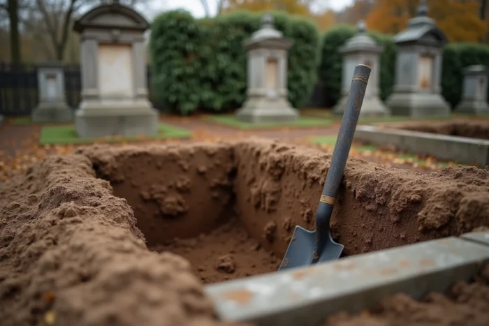 Gros plan d'une tombe fraîchement creusée dans un cimetière municipal français avec une pelle appuyée contre la paroi