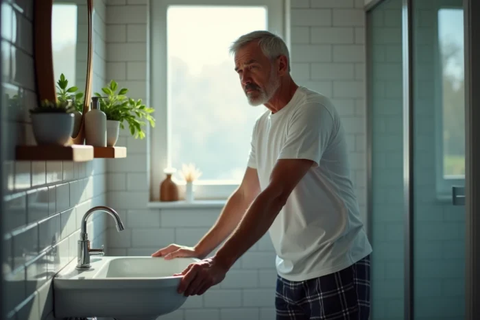 Homme debout dans la salle de bain le matin tenant le lavabo pour gérer des tremblements au réveil