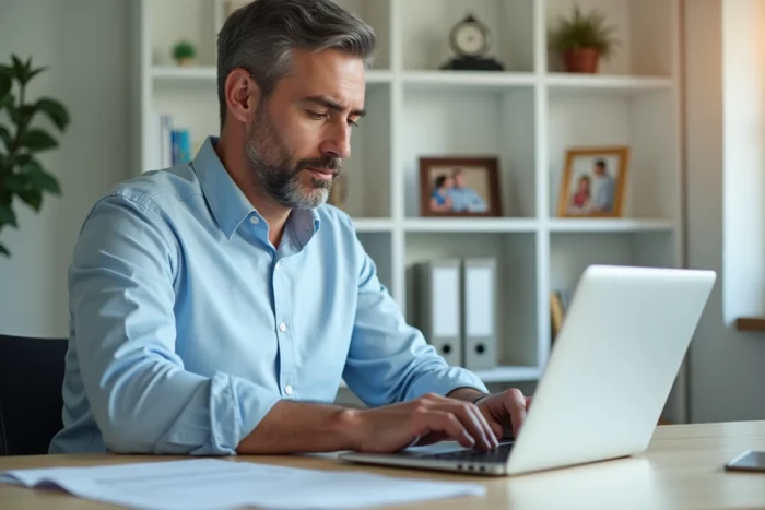 Homme gérant une tutelle à distance depuis son bureau à domicile avec laptop et tablette, application de gestion de tutelle