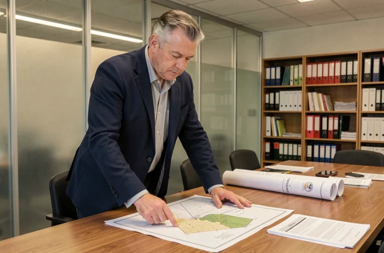 Urbaniste masculin en blazer marine examinant des documents cadastraux et des plans officiels sur une table de conférence dans un bureau municipal moderne, illustration du bail emphytéotique administratif