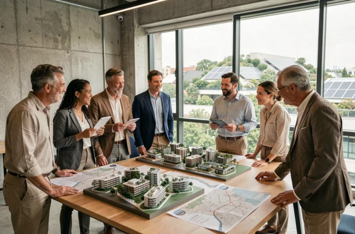 Urbanistes et architectes étudiant des maquettes de villes durables pour les meilleurs endroits où vivre en 2050