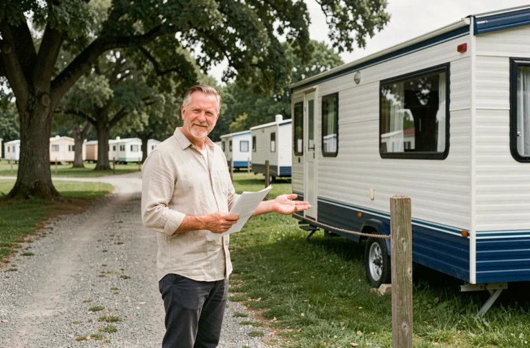 Propriétaire d'un mobil-home présentant une parcelle de terrain à vendre dans un parc résidentiel de loisirs