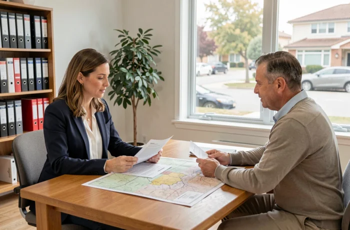 Négociation et signature de documents pour la vente d'une parcelle avec mobil-home chez un notaire