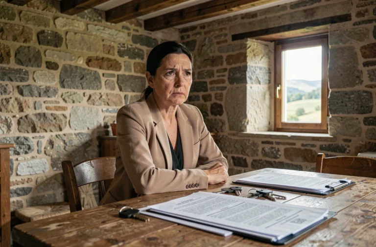 Femme consultant des documents immobiliers dans une maison en pierre de Lozère lors d'une vente urgente liée à un divorce