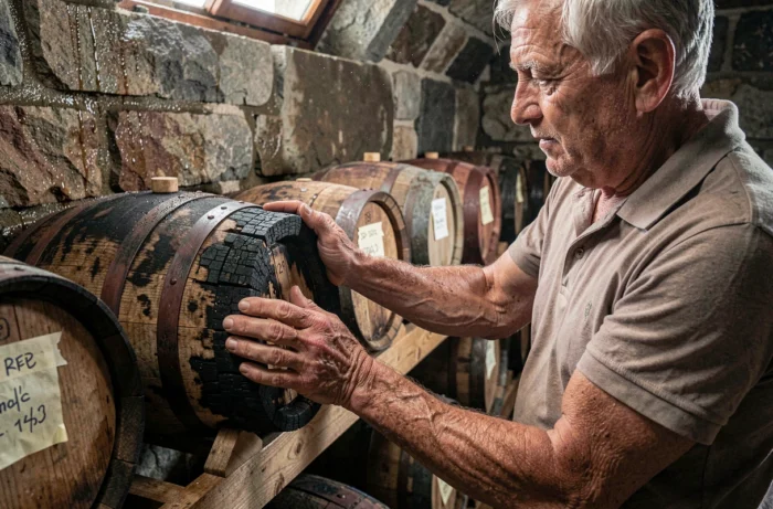 Homme âgé plaçant un petit fût de chêne brûlé sur un rack de vieillissement dans une cave en pierre pour whisky artisanal maison